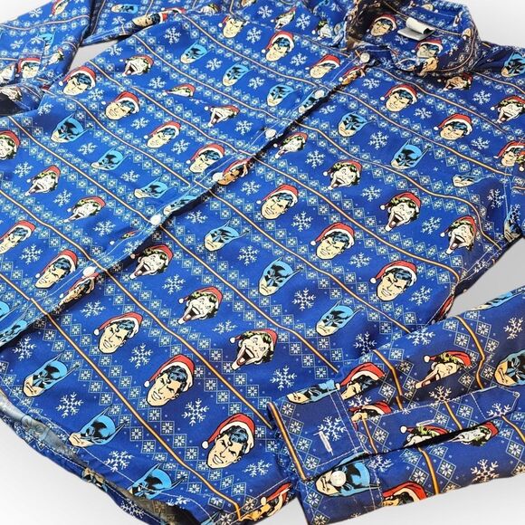 Justice League Blue Christmas Batman Superman Joker Button Down Shirt LARGE - Picture 2 of 7